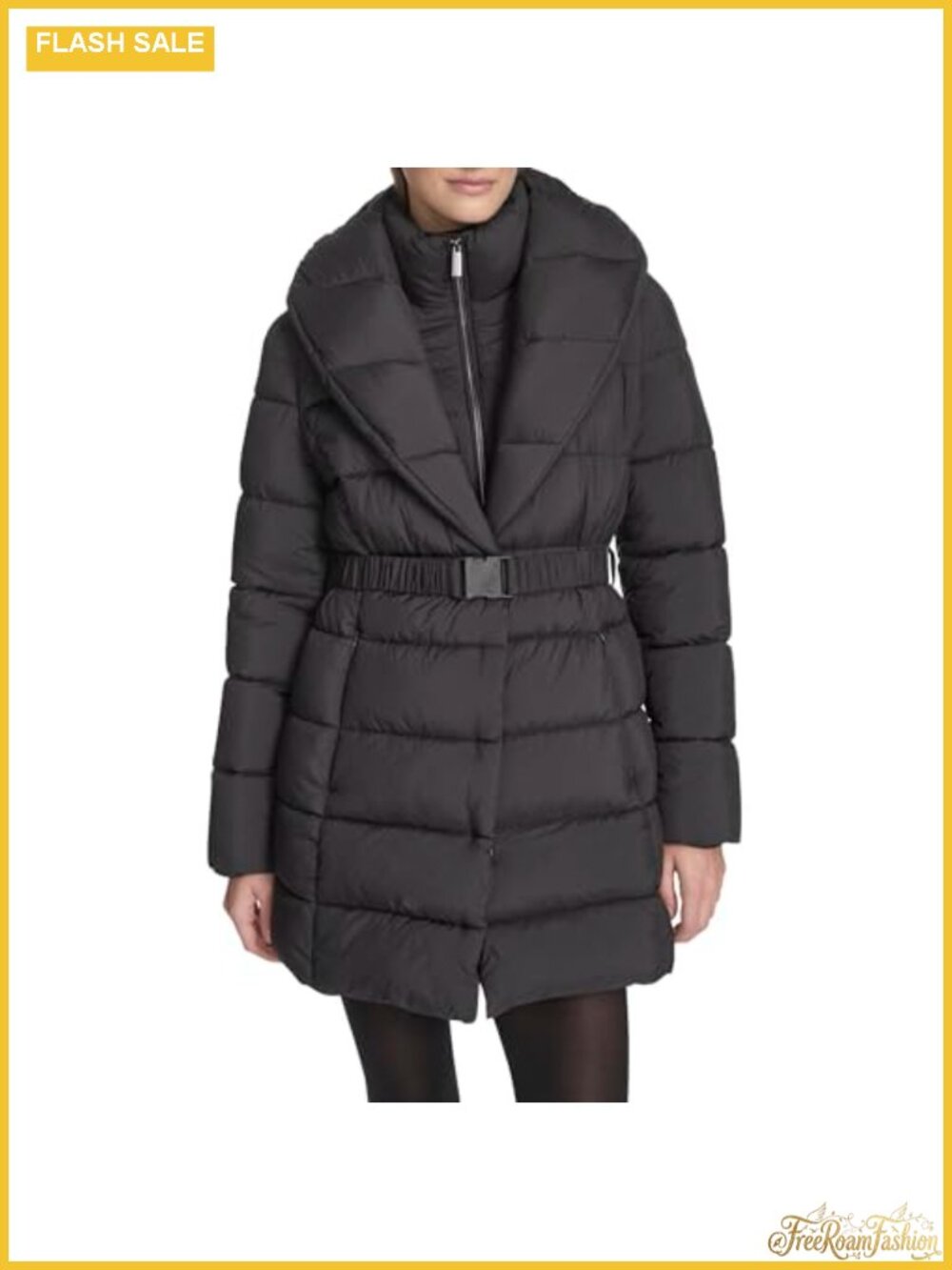 Pillow Collared Quilted Puffer Coat with Inner Bib & Buckle